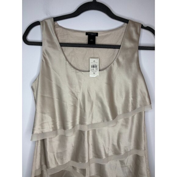 ANNE TAYLOR NEW Tiered Tank Womens M Tan Satin Ruffle Foundation Flowy Holiday - Picture 4 of 5